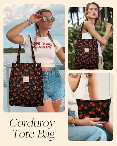 Miss Adola 2 Pack Corduroy Tote Bag with Pouch for Women