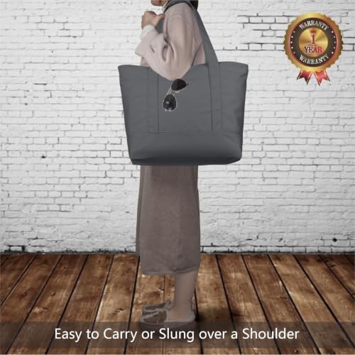 TOPDesign 6-Pack Canvas Tote Bags with an External Pocket, Reusable Grocery Shopping Bags, Top Zipper Closure, Daily Essentials (Grey)
