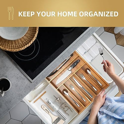 Besilord Silverware Organizer Kitchen Drawer Organizer Utensil Organizer Acacia Silverware Holder Cutlery Organizer in Drawer Flatware Organizer Tray(7 slots, Acacia
