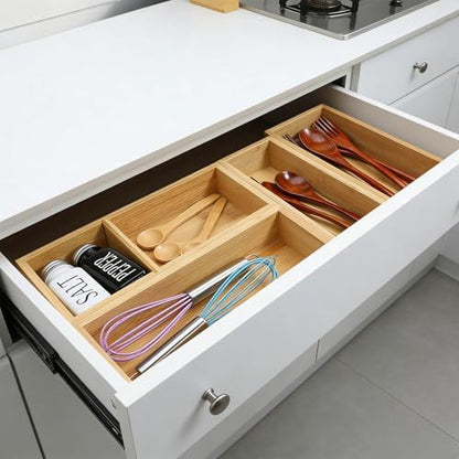 5-Piece Bamboo Drawer Organizer Storage Boxes Kitchen Multi-purpose Storage Dividers Drawer Organizer Set for Office Vanity Closet & Bathroom Kitchen Office Jewelry Cosmetics