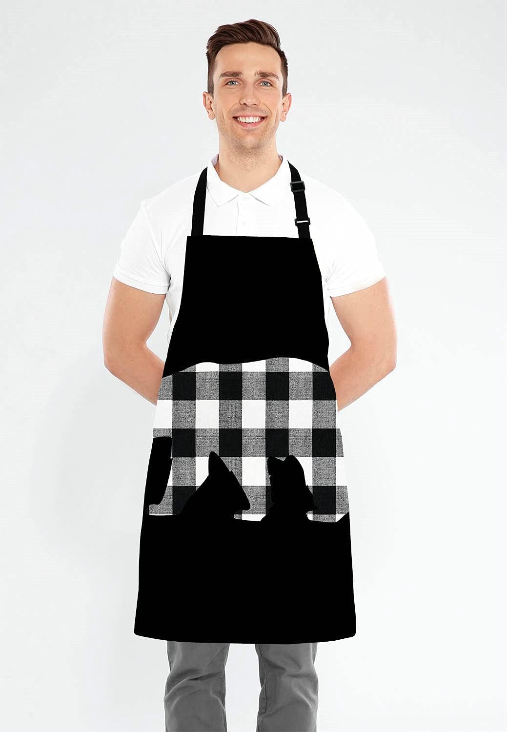 Black and White Buffalo Plaids Bear Apron Home Kitchen Waterproof Cooking Baking Gardening for Women Men