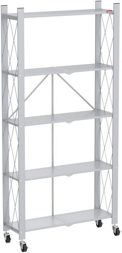 DEANIC 5 Tier Foldable Storage Shelves with Wheels, Large Capacity Shelving Unit, Freestanding Metal Wire Shelf Rack, No Assembly Organizer Rack for Garage Kitchen, Basement, Pantry(White)