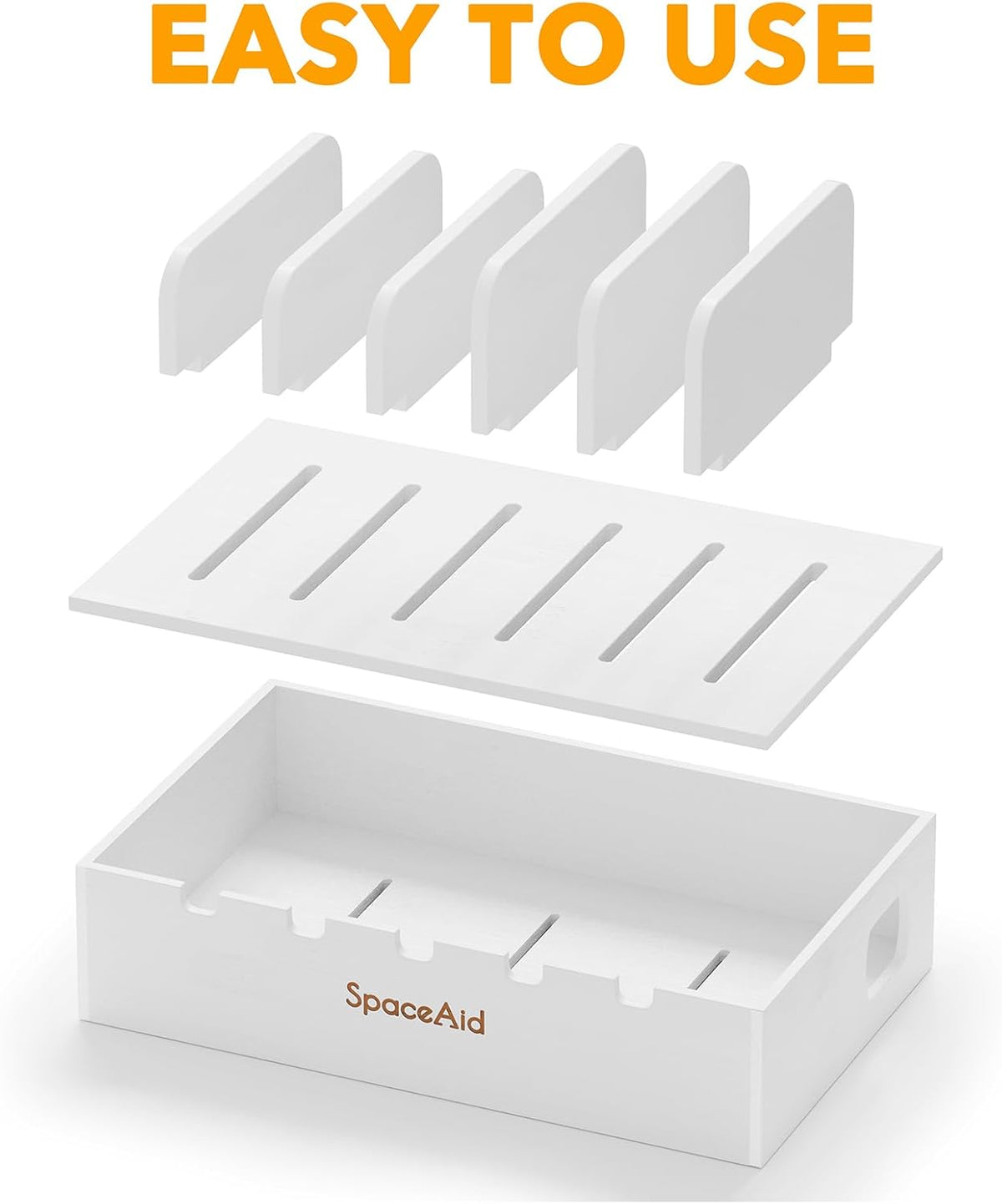 SpaceAid Bamboo Charging Station for Multiple Devices, Cell Phone Docking Stations for Multi Laptop, Tablets and iPads, Nightstand Bedside Desk Device Charger Organizer (White)