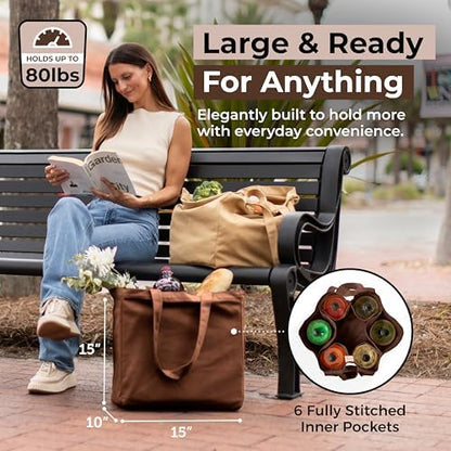 VeraMia Canvas Grocery Bag 3pc XL Set with Real Pockets, Long Shoulder Strap and Short Handle. Heavy Duty, Foldable, Washable