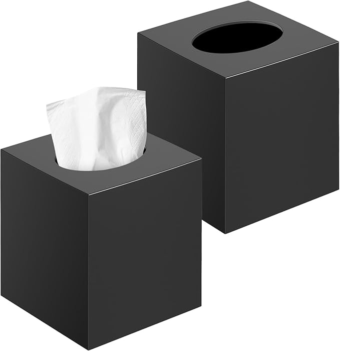 2 Pack Tissue Box Cover Black, Square Acrylic Tissue Holder, Decorative Facial Tissue Box Vessel Cube Paper Organizer Dispenser for Bathroom Office, Night Stand, Desk, Car, Vanity, Countertops