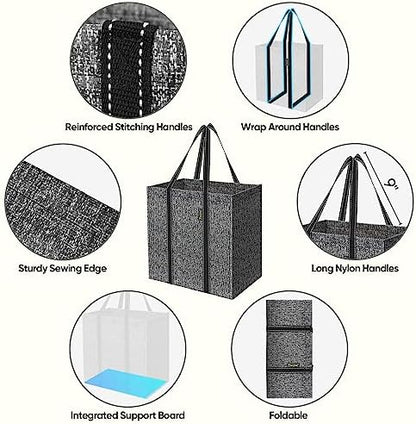 BALEINE 4 PK Grocery Bags Reusable Shopping Bags with Reinforced Bottom, Heavy Duty Foldable Tote Bags (Grey)