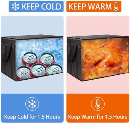 Insulated Food Delivery Bag with Hard Bottom, XXX-Large Insulated Reusable Grocery Cooler/Hot Bags, Tote Bag for Shopping/Travel, Black, 3-Pack
