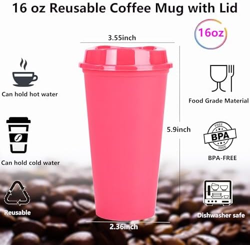 20 Pack Reusable Coffee Cups with Lids 16 oz Plastic Tumblers Travel Mug Iced Coffee Cup for Adults and Women Hot and Cold Drinks, Microwaveable (Rose)