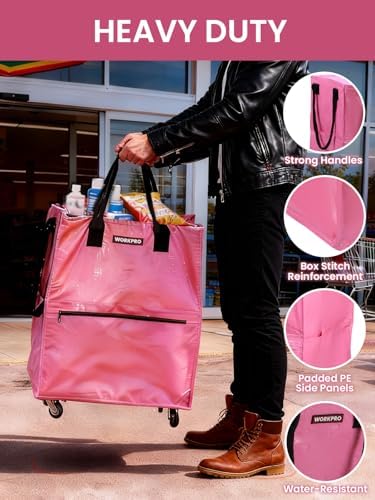 WORKPRO Medium Rolling Grocery Bag, 18-Gallon Rolling Tote with 4 Wheels