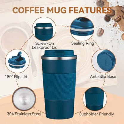 12OZ Travel Coffee Mug Insulated Coffee Cup with Spill Leak Proof Lid, Portable Stainless Steel Tumbler Reusable Hot and Cold Water Mug for Car, Daily, Camping- Blue