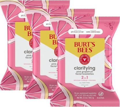 Burt's Bees Pink Grapefruit Face Wipes, for All Skin Types, Hydrating Makeup Remover & Facial Cleansing Towelettes, 90 Count (Pack of 6)