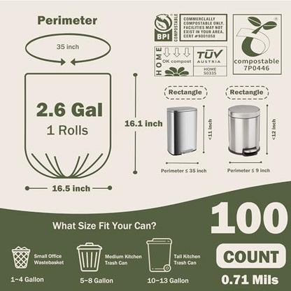 Compostable Trash Bags, 2.6 Gallon, 100 Count, 100% Compost Waste Bags for Kitchen Bathroom Office, Small Countertop Bin Compost Bags, US BPI and Europe OK Compost Home Certified