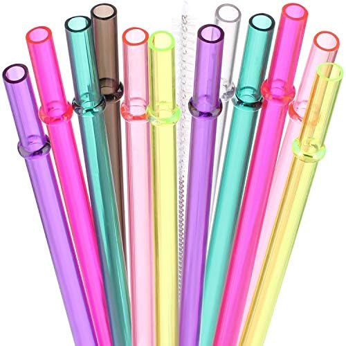 DAKOUFISH 10 Inch Reusable Plastic Replacement Drinking Straws for 16 oz & 24 oz Mason Jar Tumblers,Set of 12 Pcs Straws with Cleaning Brush (10inch, 7color)