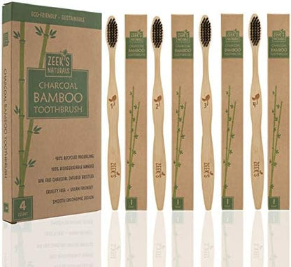 Biodegradable Eco-Friendly Natural Bamboo Charcoal Toothbrushes - Pack of 4 - Numbered - Charcoal Infused Bristles