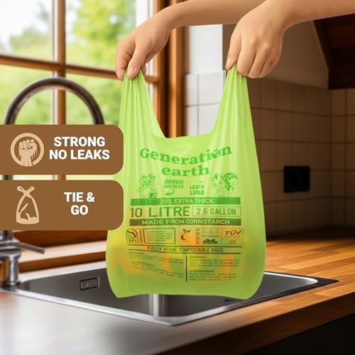 70 Bags 2.6 Gallon (10L) | Extra Strong Compostable Food Waste Bags | BPI Certified Corn Starch Bin Liners | Biodegradable Kitchen Countertop Compost Bags | Generation earth