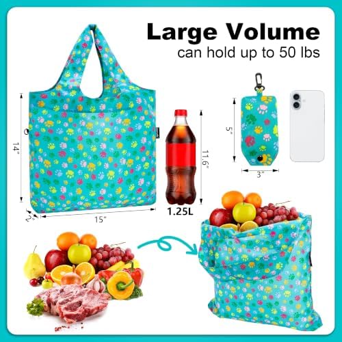 HOLYLUCK Reusable Grocery Bags,Heavy Duty Foldable Shopping Tote Bag (Standard, 3 Green Dog Paw Prints)