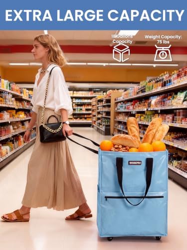 WORKPRO Medium Rolling Grocery Bag, 18-Gallon Shopping Tote with 4 Wheels