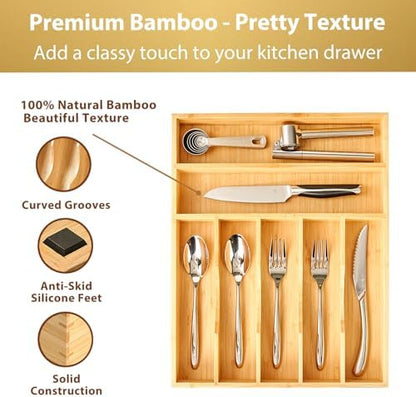 Umilife Bamboo Kitchen Drawer Organizer, 13 Inch Silverware Utensil Tray Holder, Extra Deep Grooved Drawer Divider, 7 Slots Total Bamboo Wood Caddy for Flatware Cutlery Knives, Forks, Spoons