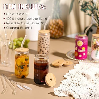 16 Pack Glass Cups with Lids and Straws 16 oz, Personalized Customizable Glasses for Gift, Business, Drinking glasses set, Iced Coffee Cup, Cute Aesthetics Tumbler for Tea, Homemade Drinks