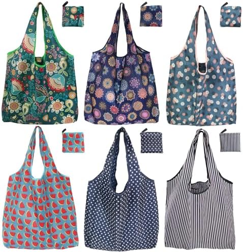 Reusable Grocery Bags, 6 Pack 50Lbs Foldable Fashion Washable Shopping Bags, Large Boho Tote Bags For Groceries, Bulk Market Cloth Storage Bags, Utility Aesthetic Personalized Gifts For Women