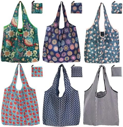 Reusable Grocery Bags, 6 Pack 50Lbs Foldable Fashion Washable Shopping Bags, Large Boho Tote Bags For Groceries, Bulk Market Cloth Storage Bags, Utility Aesthetic Personalized Gifts For Women