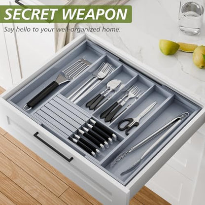 Bamboo Kitchen Silverware Drawer Organizer - Expandable Wood Utensil Holder with Dividers, Luxury Cutlery Storage Tray for Kitchen Utensil and Flatware (5-7 Slots with Removable Knife Block, Grey)