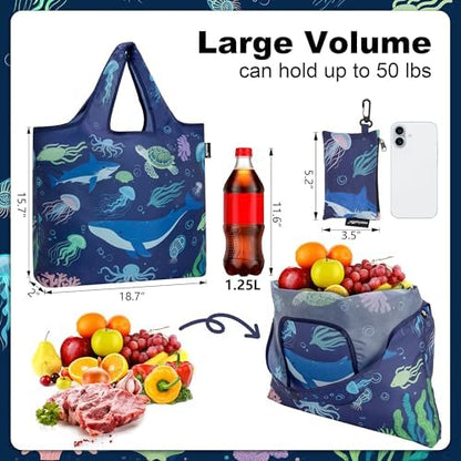 HOLYLUCK Reusable Grocery Bags,Heavy Duty Foldable Shopping Tote Bag (Standard, 3 Whales)