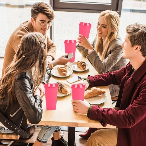20 Pack Reusable Coffee Cups with Lids 16 oz Plastic Tumblers Travel Mug Iced Coffee Cup for Adults and Women Hot and Cold Drinks, Microwaveable (Rose)