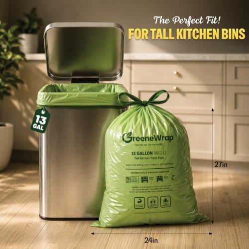13 Gallon Compostable Trash Bags with Drawstring, 30 Count, 1 Mil, Tall Kitchen Food Scrap Compost Bags, BPI Certified, ASTM D6400, Compostable Garbage Bags, Unscented, 13 Gal