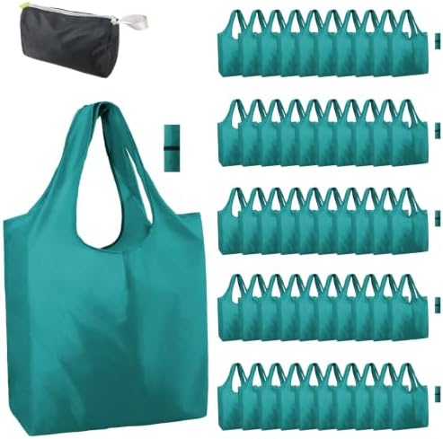 BeeGreen Marrs Reusable Grocery Bags Wholesale Green Reusable Kitchen Bags Bulk Foldable-Machine Washable with Zipper Storage Pouch 50 Packs
