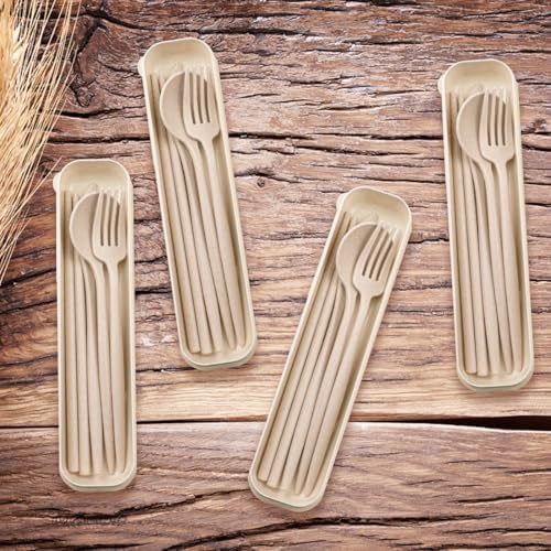 ELANE 4 Sets Reusable Travel Utensils Set with Case,Camping Cutlery Set Reusable Cutlery Set with Case,Utensil Sets for Lunch Picnic Daily Use Outdoor (beige)