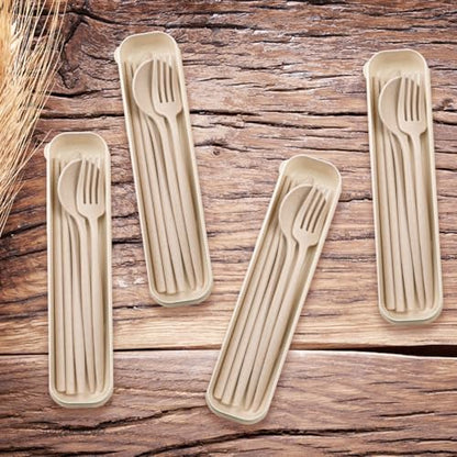 ELANE 4 Sets Reusable Travel Utensils Set with Case,Camping Cutlery Set Reusable Cutlery Set with Case,Utensil Sets for Lunch Picnic Daily Use Outdoor (beige)