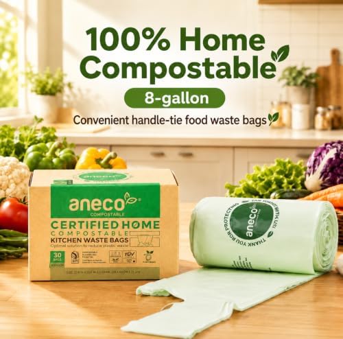 ANECO 8 Gallon Compostable Kitchen Food Waste Bags, 30 Count