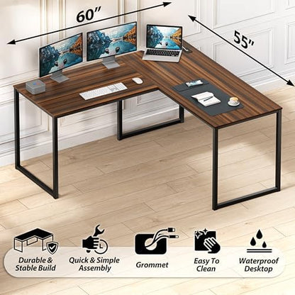 SHW Mission 55 x 60 L-Shape Home Office Computer Desk, Walnut