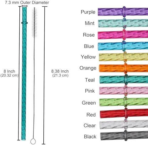 Dakoufish 8 Inch Reusable Clear Plastic Swirl Drinking Straws for 12 oz & 16 oz Mason Jar Tumblers,Set of 12 Pcs Replacement Straws with Cleaning Brush (8inch,12color)