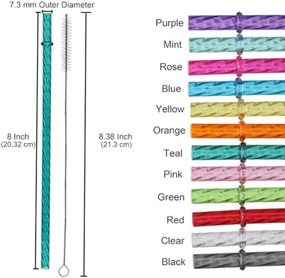 Dakoufish 8 Inch Reusable Clear Plastic Swirl Drinking Straws for 12 oz & 16 oz Mason Jar Tumblers,Set of 12 Pcs Replacement Straws with Cleaning Brush (8inch,12color)