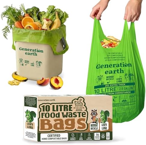 70 Bags 2.6 Gallon (10L) | Extra Strong Compostable Food Waste Bags | BPI Certified Corn Starch Bin Liners | Biodegradable Kitchen Countertop Compost Bags | Generation earth