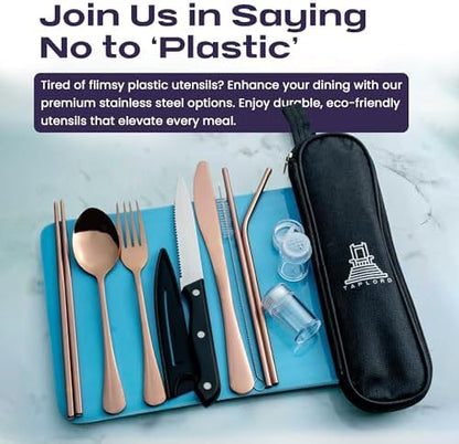 Taplord Portable Travel Silverware Set With Case, Includes 10 Pcs of Travel Utensils With Case, Stainless Steel Flatware Set For Camping, Lightweight (Rose Gold)