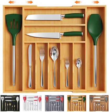 Bellsal Large Premium Bamboo Silverware Organizer - Expandable Utensil Drawer Organizer - 17"x19.6" Utensil Holder and Cutlery Tray with Grooved for Kitchen Flatware and Utensils Mother's Day Gift