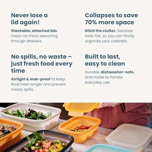Drip EZ Secondz Collapsible Food Storage Containers – Set of 4, Space-Saving Airtight Meal Prep & Leftover Containers – Microwave, Freezer & Dishwasher Safe, BPA-Free, Locking Lids – Sandstone