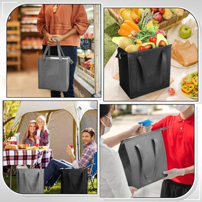 10 Pack 10 Pack Large Insulated Grocery Bag Zippered, Grey,Black