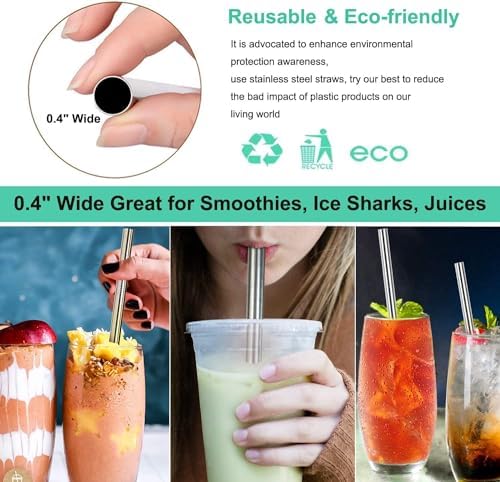 Vinaco 4 Pack 0.4" Wide Bore Reusable Stainless Steel Metal Smoothie Straws
