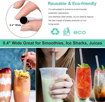 Vinaco 4 Pack 0.4" Wide Bore Reusable Stainless Steel Metal Smoothie Straws