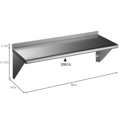 ROCKPOINT Stainless Steel Shelf 14 x 36 Inches 300lb, NSF Metal Commercial Shelves Wall Mount Floating Shelving with Backsplash for Restaurant, Kitchen, Home and Hotel, Silver