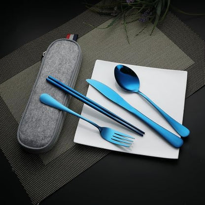 DEVICO Travel Utensils with Case, 5 Piece Portable Silverware Set for Work