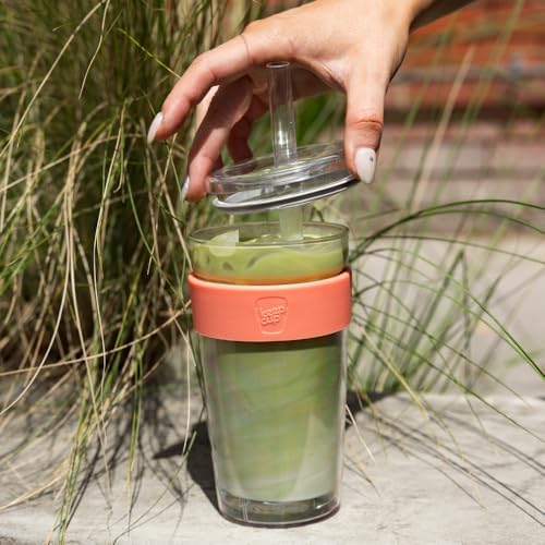 KeepCup Cold Cup - Longplay Double wall Glass Ice Coffee Tumbler with Lid and Straw - 16oz (454ml) - Californian Shrimp