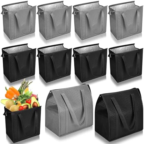 10 Pack 10 Pack Large Insulated Grocery Bag Zippered, Grey,Black