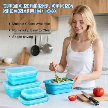 Collapsible Silicone Food Storage Containers 4 Set Airtight Leak Proof Food Containers with Lids Stackable Meal Prep for Microwave Freezer Dishwasher for Kitchen Camping Office Blue