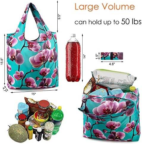 BeeGreen 10 Pack Washable Floral Grocery Bags for Shopping Reusable Tote Bags Extra Large 50LBS Cute Flower Design Foldable Reusable Bags for Women Men Lightweight Durable