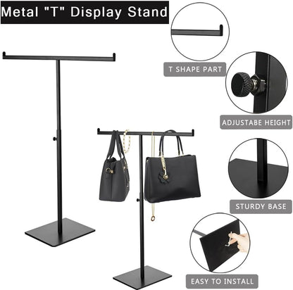 T-shaped metal rack stand,2pcs Adjustable Purse Display Stand Jewelry Towers, Table Hanging Rack, Suitable for Long Necklaces, Scarves, Hanging Ribbons, Jewelry and Handicrafts Display (Black 2pcs)
